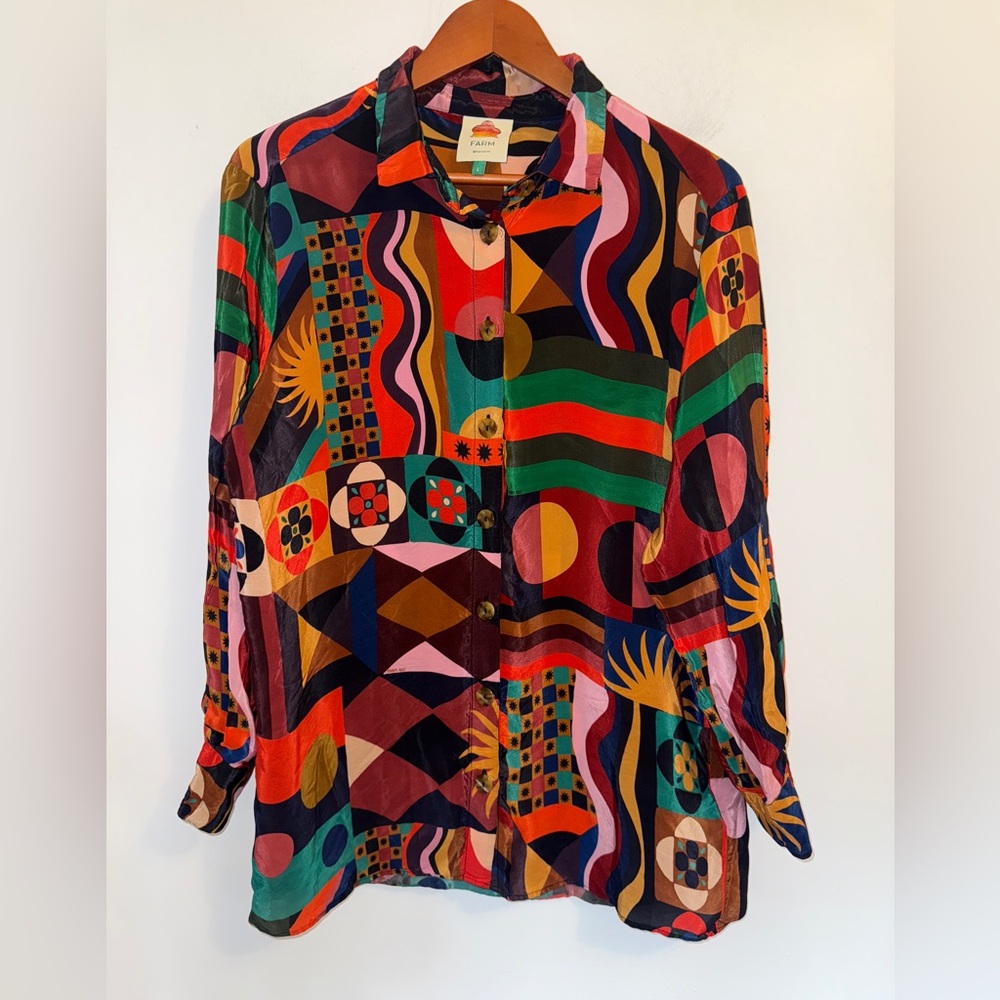 🌈 Farm Rio Multicolor Abstract Print Button-Down Blouse – Size L - Picture 4 of 16